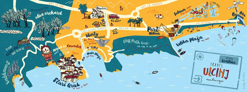 Premium illustrated map of Ulcinj, Montenegro with prime real estate, beaches, landmarks&mdash;invest via immobilien.ekosphere.me by Ekosphere.