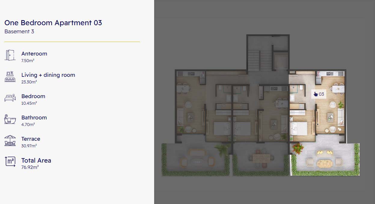 One-bedroom apartment 03, Basement 3, Ekosphere Ulcinj: modern plan with terrace, 76.92m&sup2;. Exclusive at immobilien.ekosphere.me.