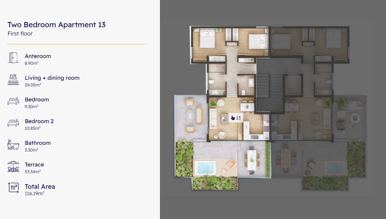 Spacious 2-bedroom Ulcinj apartment&mdash;floor plan shows anteroom, living/dining, terrace; 116.19 m&sup2;. Invest at immobilien.ekosphere.me by ekosphere doo.