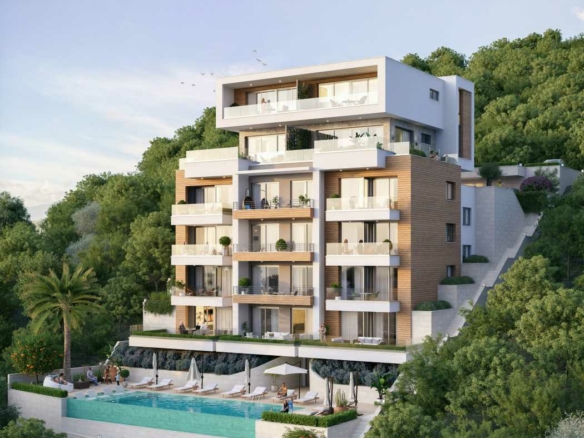 Modern hillside apartments with balconies, pool, and lush views&mdash;exclusive Ulcinj real estate by immobilien.ekosphere.me & Ekosphere DOO.
