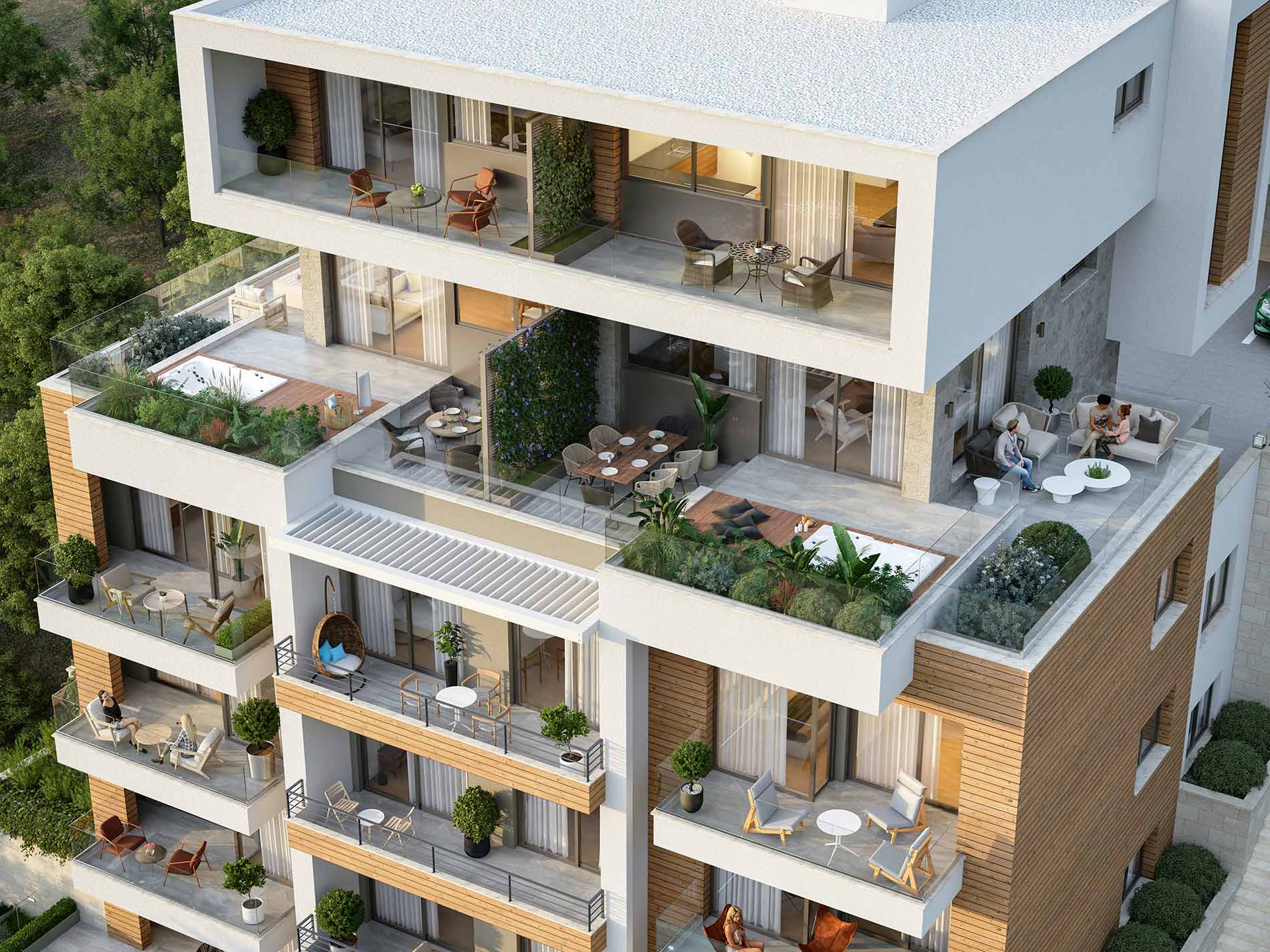 Stylish multi-story Ulcinj apartment by Ekosphere DOO with glass balconies, lush greenery, and outdoor seating. immobilien.ekosphere.me.