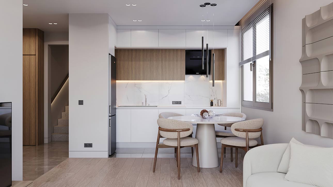 Contemporary Ulcinj apartment: sleek kitchen, dining area, bright interiors&mdash;ideal Montenegro investment. Listed by immobilien.ekosphere.me, a project of ekosphere doo.