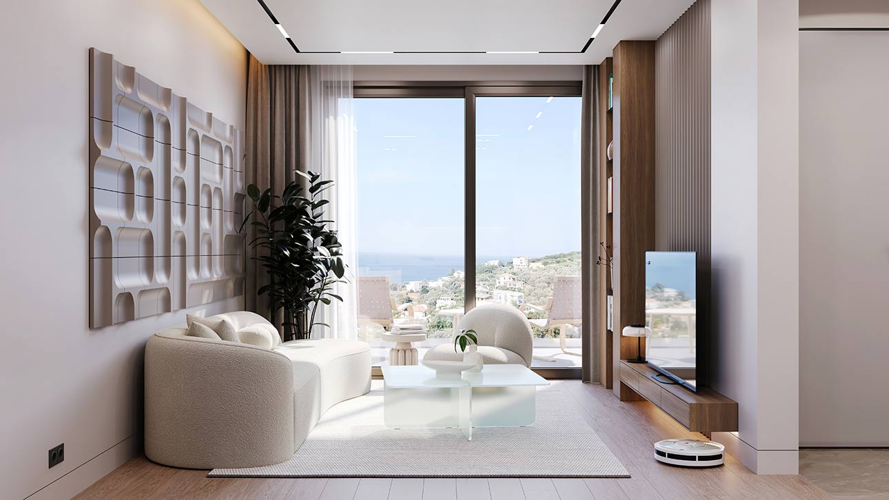 Stunning modern living room with sea views in Ulcinj&mdash;luxury property listing by immobilien.ekosphere.me, a project of ekosphere doo.
