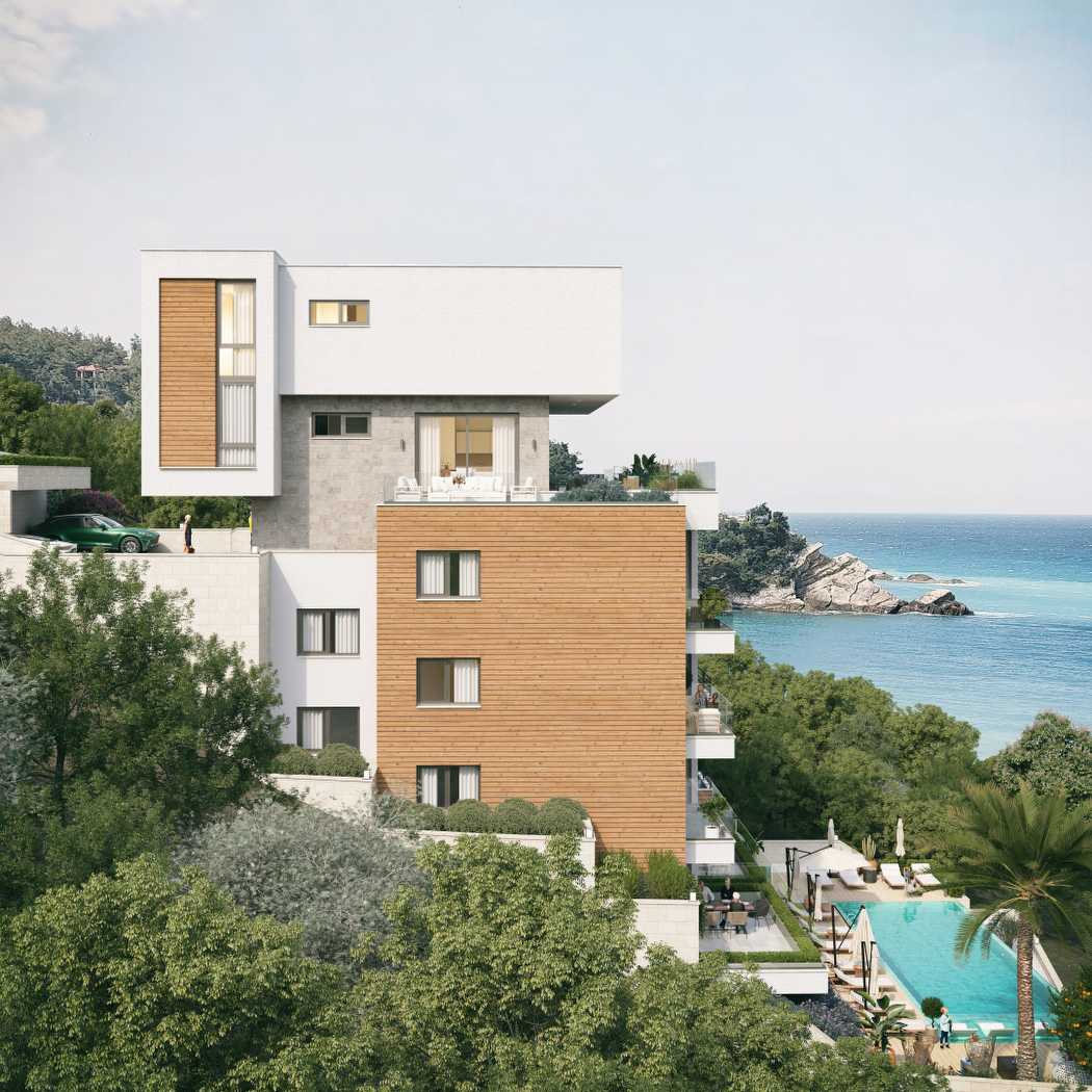 Luxury multi-story sea view home in Ulcinj by Ekosphere&mdash;pool, lounge, modern wood & white design. Exclusive on immobilien.ekosphere.me.