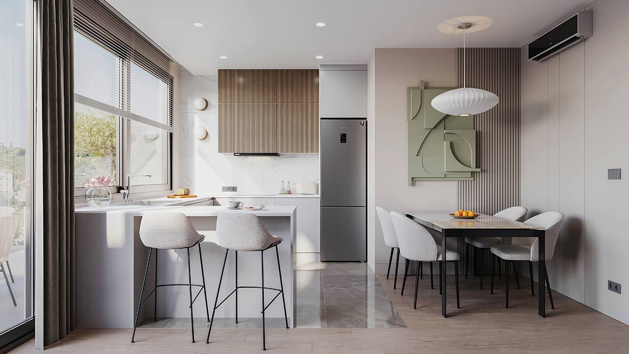 Luxurious Ulcinj kitchen with white island, custom cabinets, and panoramic windows&mdash;discover Ekosphere homes on immobilien.ekosphere.me.