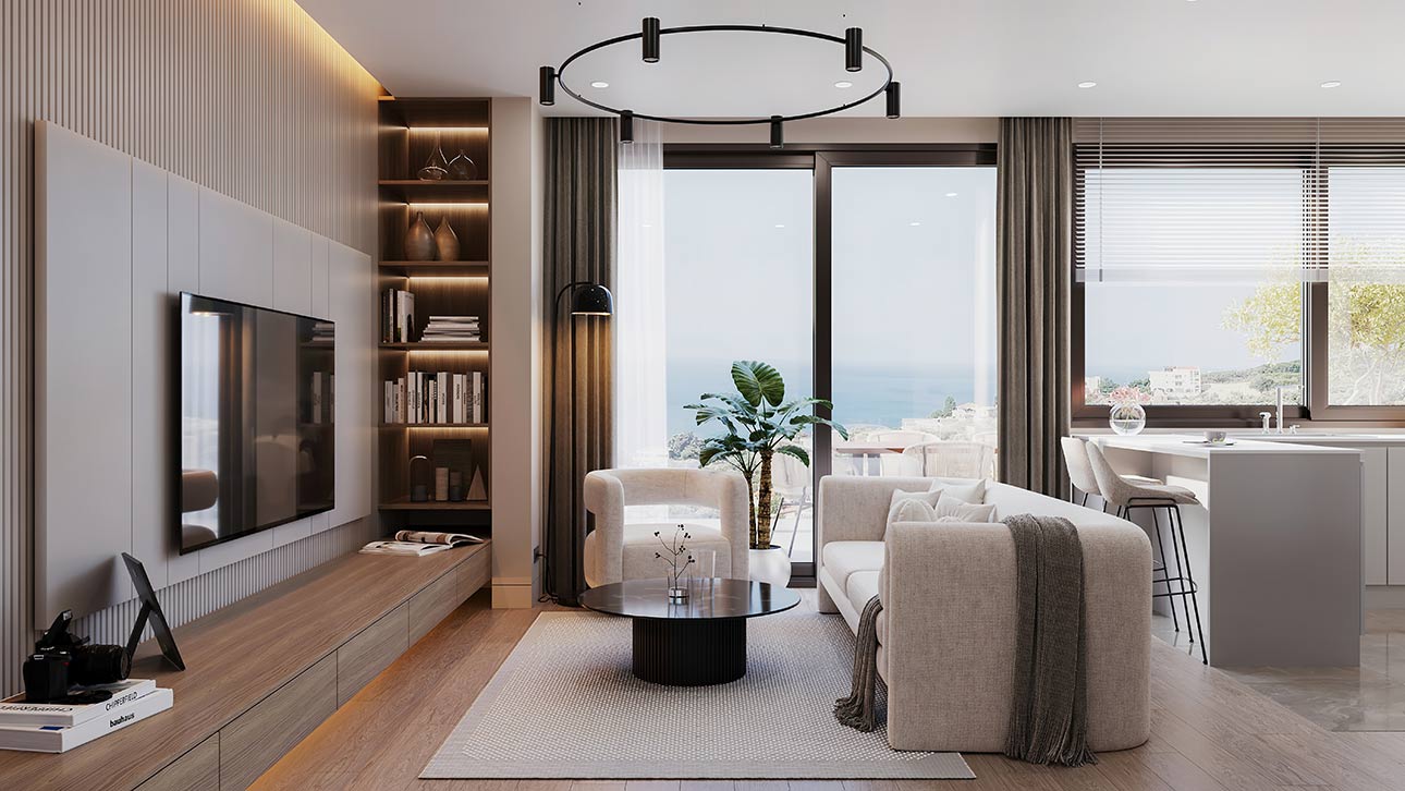 Luxurious Ulcinj property: modern living room, sea views, sleek finishes. Invest in Montenegro real estate with immobilien.ekosphere.me by Ekosphere doo.