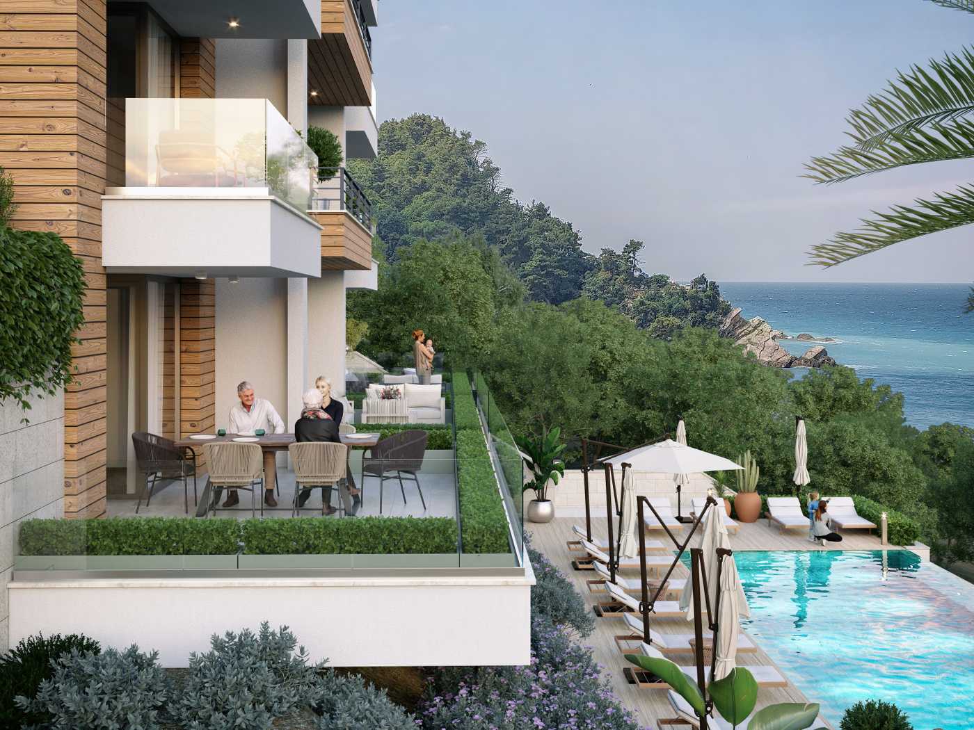 Luxury modern balcony in Ulcinj with sea views, pool, lush greenery&mdash;exclusive real estate by immobilien.ekosphere.me, a project of Ekosphere.