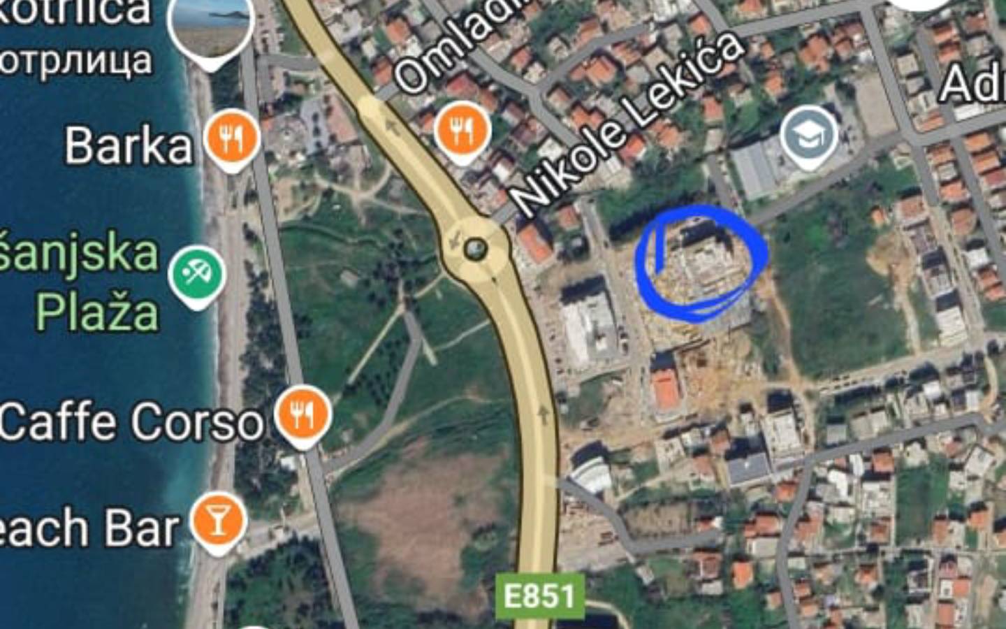 Premium investment opportunity: Ulcinj coastal map highlights prime building site near E851 & Nikole Lekica. On immobilien.ekosphere.me by ekosphere doo.