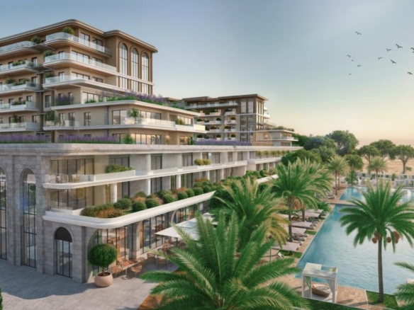 Luxurious multi-floor beachfront resort in Ulcinj with balconies, pool, sea views—prime real estate from Ekosphere on immobilien.ekosphere.me.