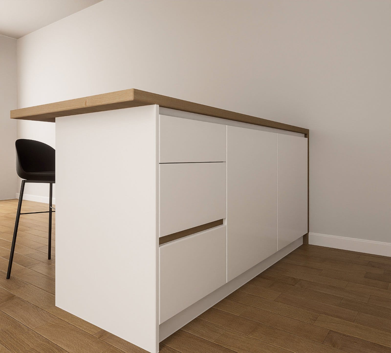 Modern Ulcinj property: Sleek kitchen island with white cabinetry, wood top, and luxe flooring&mdash;exclusive on immobilien.ekosphere.me by Ekosphere DOO.