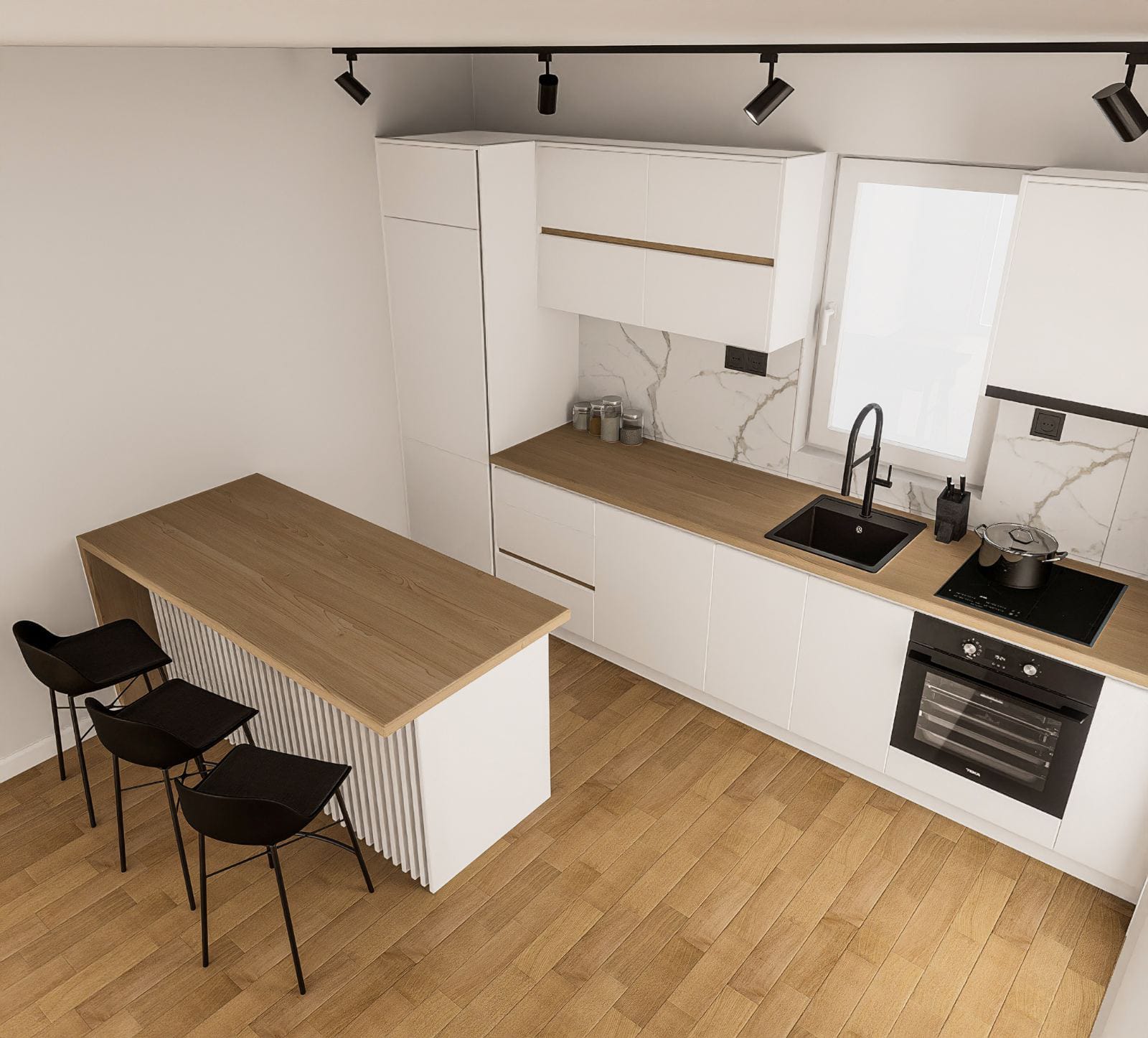 Sleek kitchen with white cabinets, wood counters, and breakfast bar&mdash;ideal Ulcinj investment. Buy with Ekosphere at immobilien.ekosphere.me.