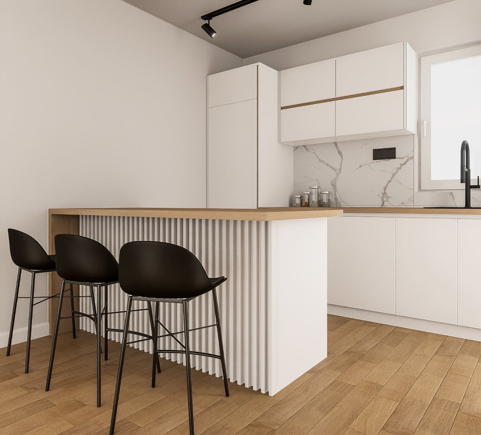 Stunning Ulcinj kitchen: white cabinets, marble backsplash, wooden tops, stylish island. Invest in Montenegro with immobilien.ekosphere.me by Ekosphere doo.