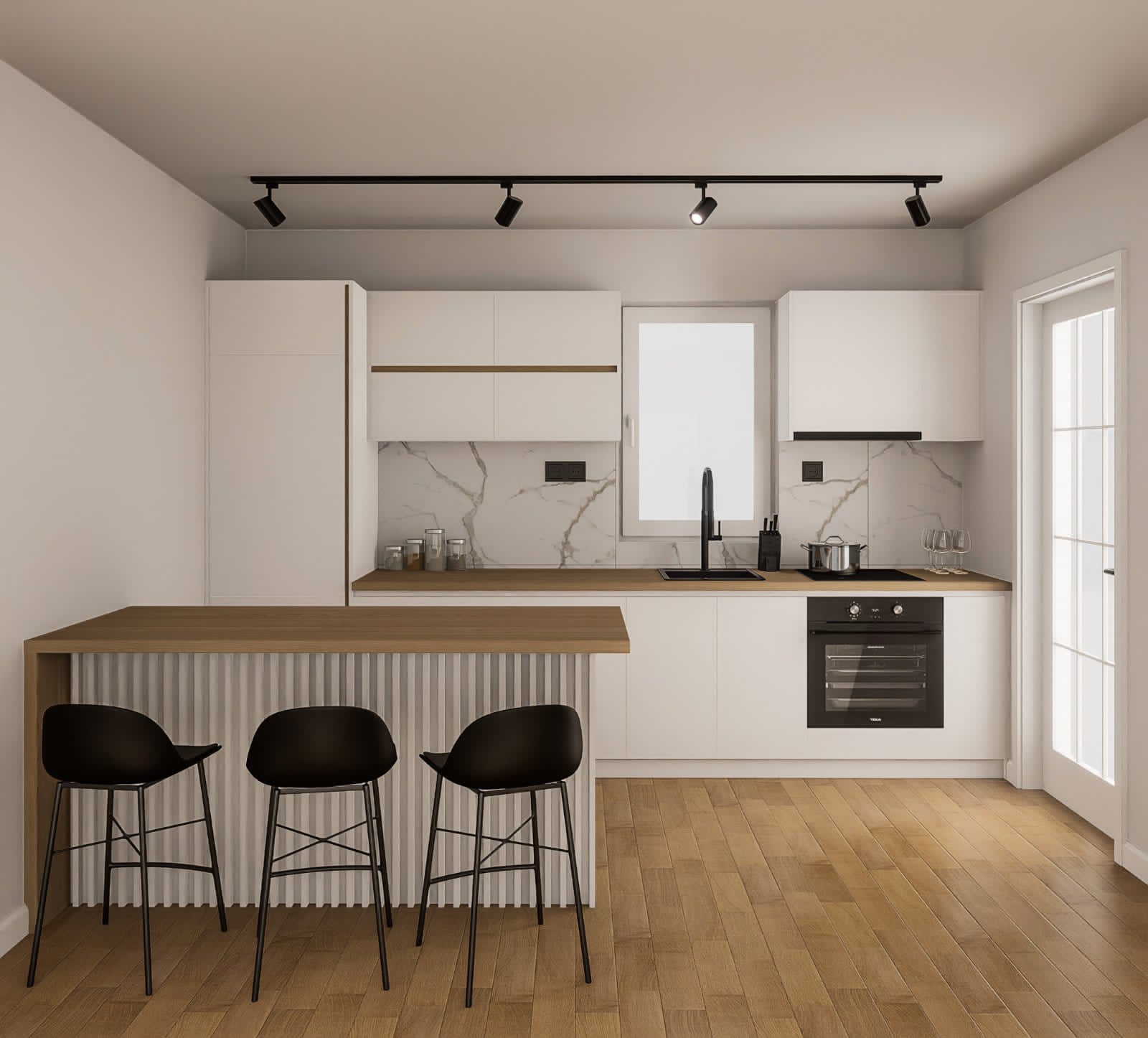 Stunning Ulcinj kitchen: white cabinets, marble details, built-in oven, island&mdash;prime Montenegro property by ekosphere doo.