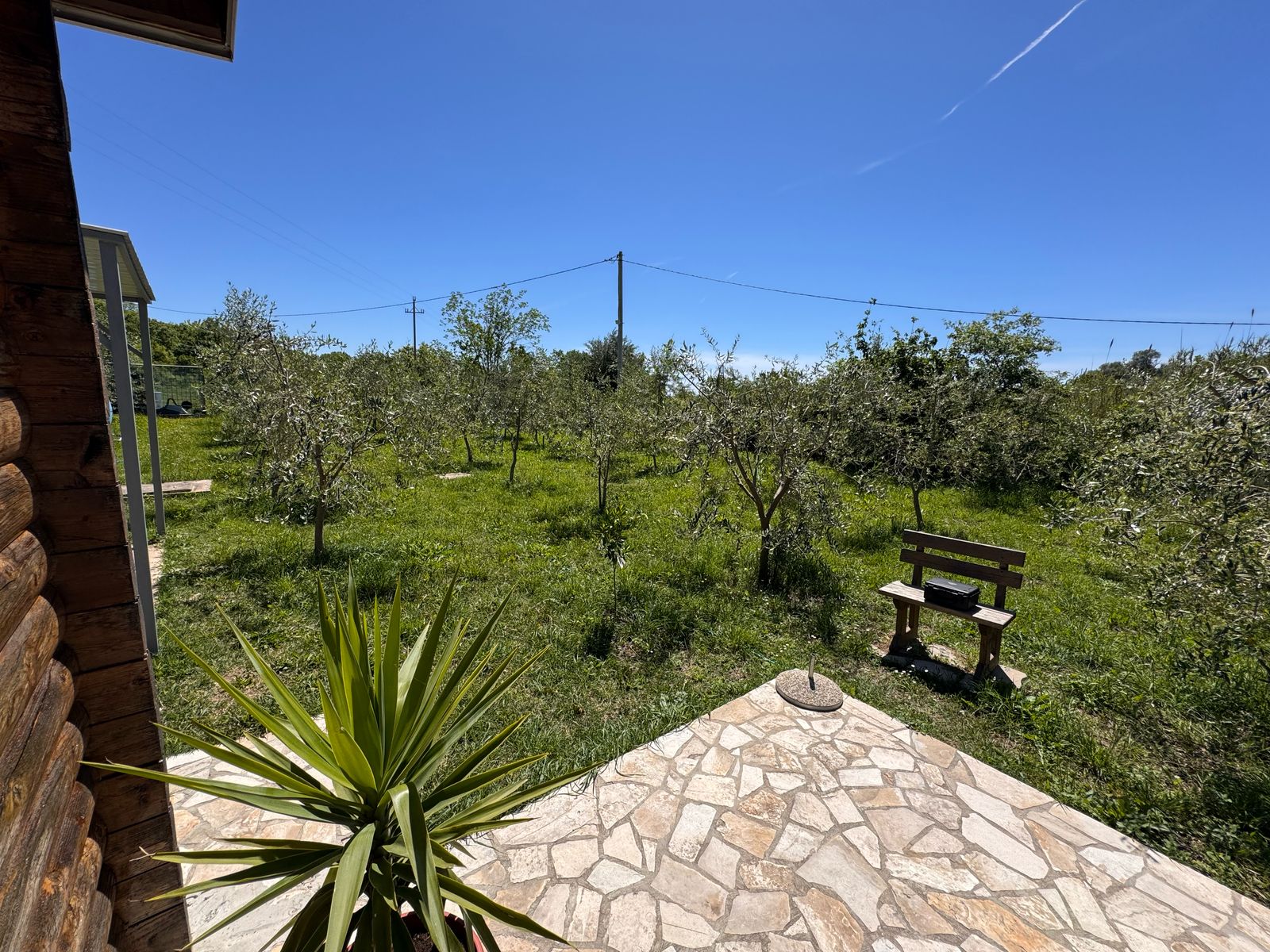 Charming stone patio with wooden bench, lush yard, and Ulcinj views&mdash;a prime Montenegro real estate by immobilien.ekosphere.me/Ekosphere.