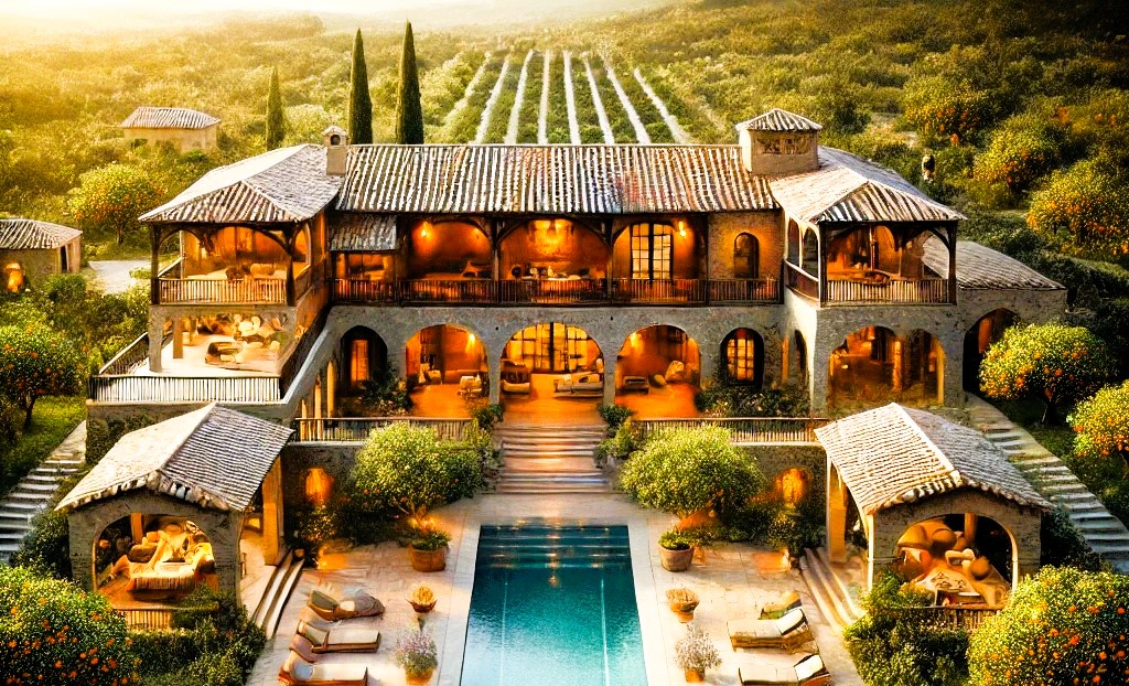 Mediterranean villa in Ulcinj with arched windows, terracotta roof, pool, orange trees&mdash;prime Ekosphere listing at immobilien.ekosphere.me.