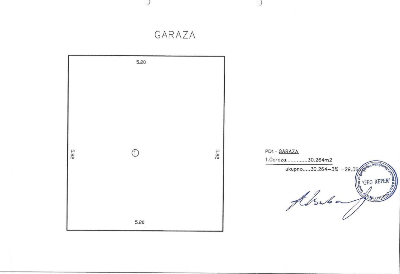 Premium garage technical drawing for Ulcinj property&mdash;5.20m x 5.20m, 30.26 m&sup2;, with official stamp. Exclusive on immobilien.ekosphere.me by ekosphere doo.