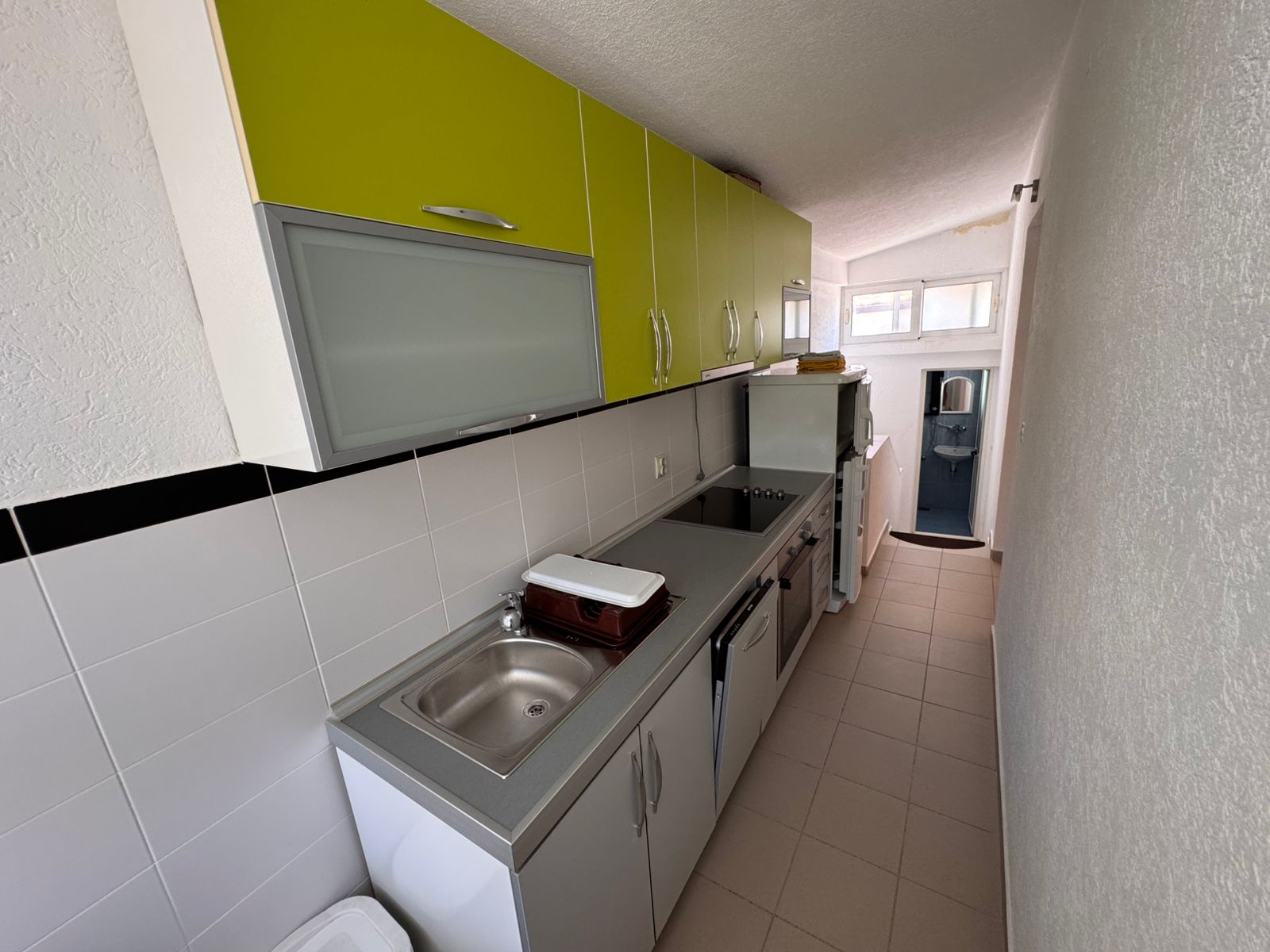 Modern galley kitchen in Ulcinj property: stylish white/green cabinets, stainless appliances, laundry zone&acirc;invest at immobilien.ekosphere.me by ekosphere doo.
