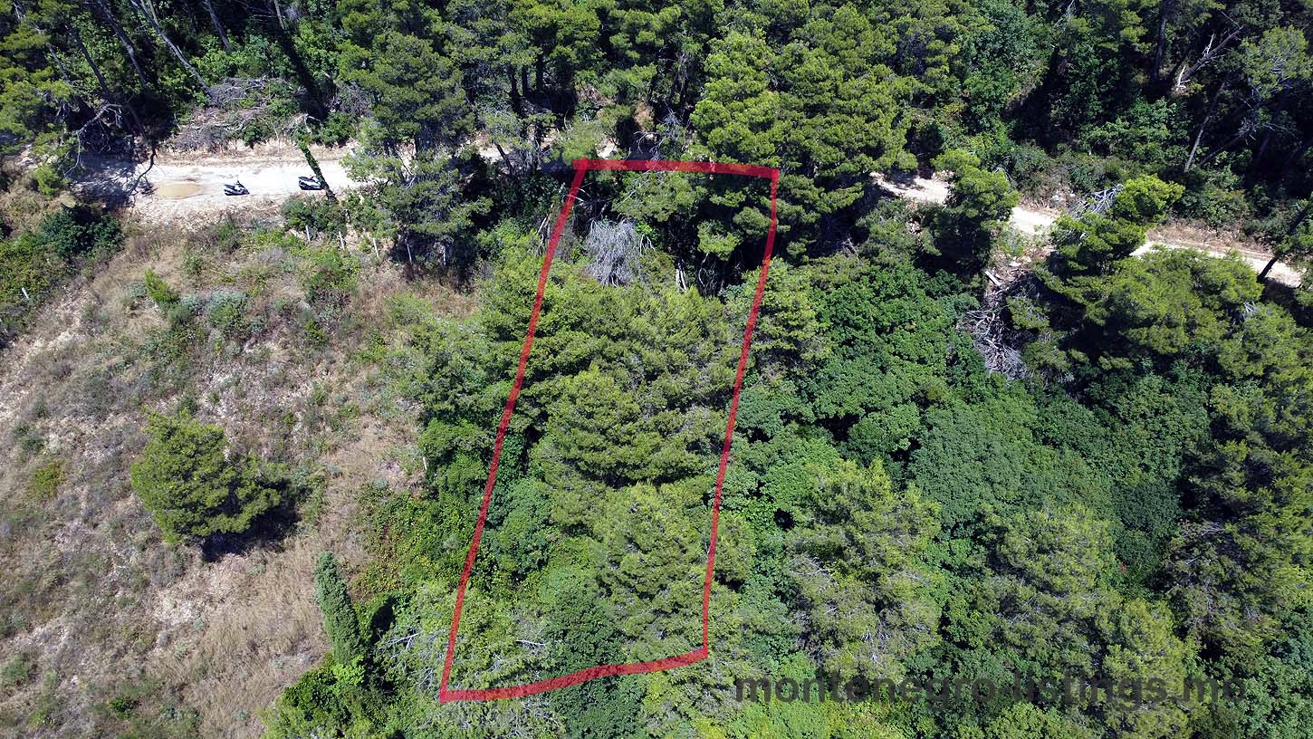 Prime rectangular land in Ulcinj, Montenegro, outlined in red, bordered by lush greenery and road&mdash;exclusive on immobilien.ekosphere.me, a project of Ekosphere doo.