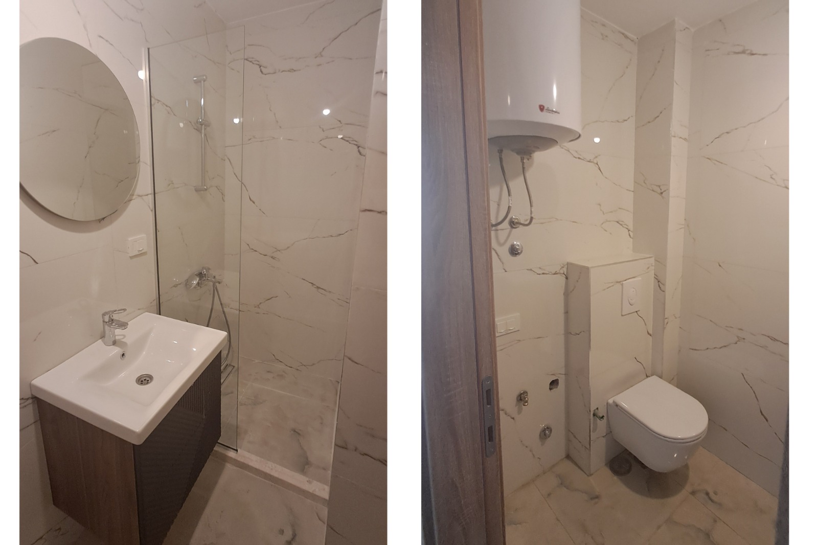 Stylish Ulcinj bathroom with marble tiles, modern walk-in shower, quality fixtures. Exclusively at immobilien.ekosphere.me by Ekosphere DOO.